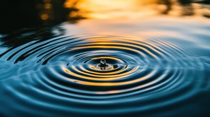 Wall Mural - Water droplet impact creating concentric ripples at sunset