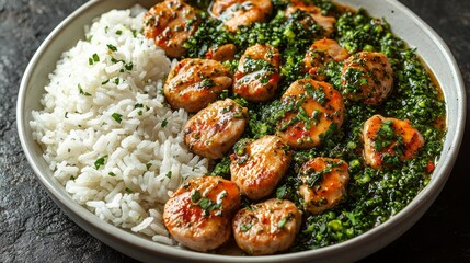 Wall Mural - Delicious pan-seared chicken with rice and greens