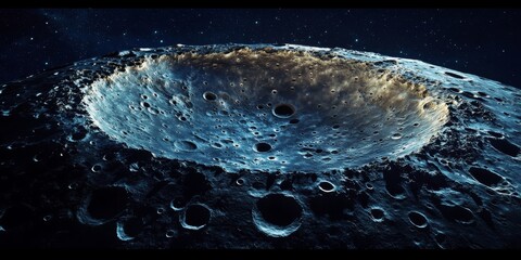 Aufkleber - Large and beautiful satellite moon crater glowing with bright light, showcasing the intricate details of the crater s round formation under the celestial illumination of the night sky.