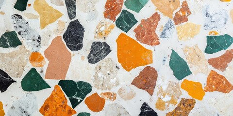 Poster - Textured background surface showcasing the unique design of a terrazzo floor, highlighting the distinctive patterns and colors typical of terrazzo flooring surfaces. Perfect for design inspiration.