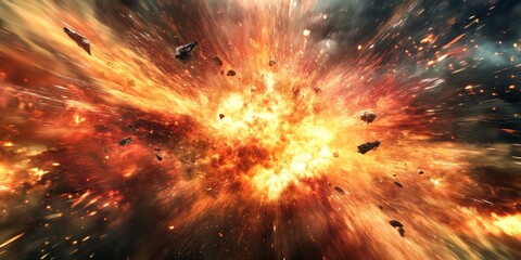 Fototapete - Abstract background featuring an explosion and flying debris, illustrating a powerful energy concept with dynamic movement and vibrant colors, enhancing the visual representation of energy.