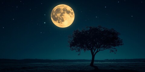 Aufkleber - Silhouette of a tree against the glowing full moon, showcasing the enchanting beauty of nature with the full moon illuminating the night sky and creating a striking contrast with the tree silhouette.