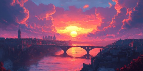 Aufkleber - Stunning sunset over the sea, featuring a bridge silhouetted against the clouds and nearby buildings, captures the beauty of a tranquil evening by the water. Enjoy the serene sunset scenery.