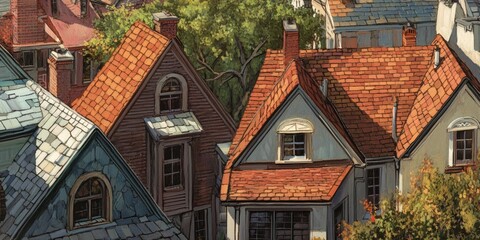 Poster - Roofs of a charming town showcase diverse architectural styles, highlighting the unique roofs and the allure of quaint town living with captivating roofs that draw the eye.