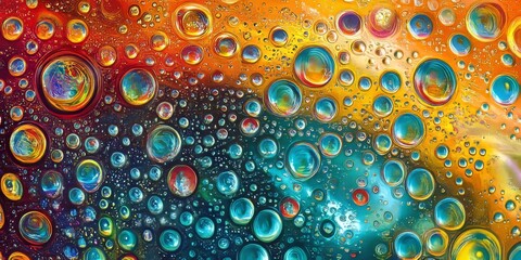 Aufkleber - Vibrant abstract pattern featuring colored oil bubbles in water creates a mesmerizing visual. The oil drops in this water form a captivating psychedelic pattern, enhancing the beauty of abstract art.