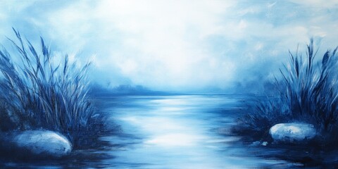 Poster - Tranquil blue landscape featuring serene waters and soft white elements, creating a harmonious blue landscape that evokes a sense of peace and beauty in nature.
