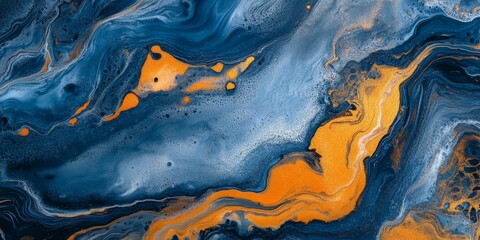 Fototapete - Vibrant abstract marble art featuring a stunning blend of blue and orange paint, creating an eye catching visual experience with fluid patterns and unique textures in this abstract marble art piece.