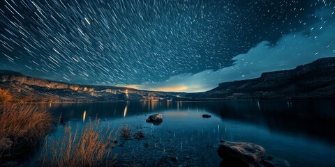 Aufkleber - Stunning night photography captures the effects of light pollution in a striking landscape, showcasing the beauty of long exposure techniques in a graphic format that enhances the overall scene.
