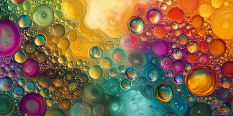 Poster - Vibrant abstract pattern featuring colored oil bubbles in water creates a mesmerizing visual. The oil drops in this water form a captivating psychedelic pattern, enhancing the beauty of abstract art.