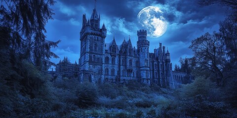 Aufkleber - Majestic night photography capturing the stunning architecture of a castle, showcasing the enchanting beauty of a castle under the moonlight in a serene atmosphere. Perfect for night photography