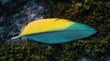 Sticker - Vibrant Bird Feather on Mossy Ground: A Close-Up