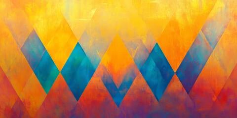 Poster - An abstract background featuring vibrant orange and yellow hues, complemented by striped diamond patterns in shades of blue. Striped diamonds in blue enhance the colorful backdrop.
