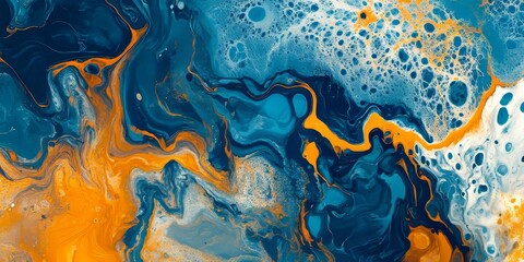 Fototapete - Vibrant abstract marble art featuring a stunning blend of blue and orange paint, creating an eye catching visual experience with fluid patterns and unique textures in this abstract marble art piece.