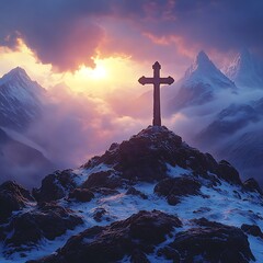 Sunlit cross overlooking the majestic peaks