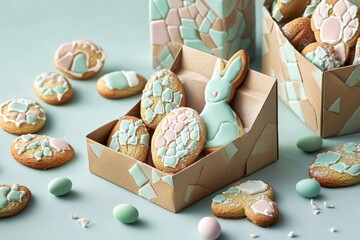 Sticker - Bunny-shaped desserts with white ears and assorted colorful treats, placed on a table with floral decor. Festive Easter concept