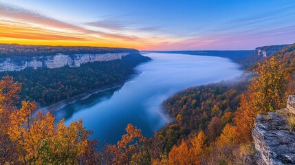 Canvas Print - Autumn Sunrise Over Foggy River Valley Cliffs