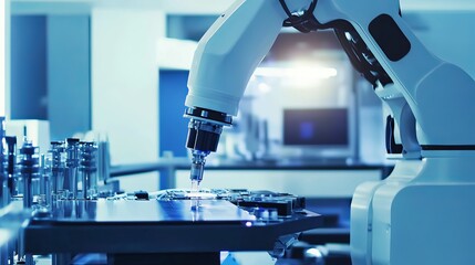 Wall Mural - a robot performing automated semiconductor testing in a high-tech semiconductor lab with clean, orga