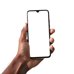 male hand holding bezel-less smartphone with blank screen, isolated on blue background . screen is c