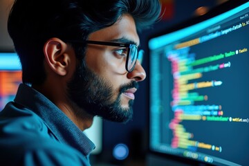 Focused Young Male Programmer Working Late Night on Coding Project with Colorful Syntax on Computer Screen, Showcasing Technology and Creativity