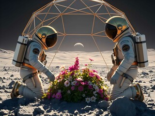 three astronauts in futuristic suits tending flowers inside a glowing geodesic dome on the moon
