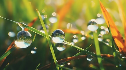 Poster - Captivating close up view of raindrops gently adorning the lush green grass with a faint rainbow visible in the distance creating a serene and captivating outdoor scene