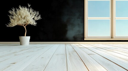 Wall Mural - Tranquil Minimalist Interior with Potted Plant and Large Window Offering Natural Light in Modern Space