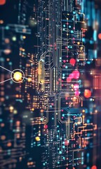 Abstract digital circuit design with vibrant lights and colors, representing technology and connectivity.