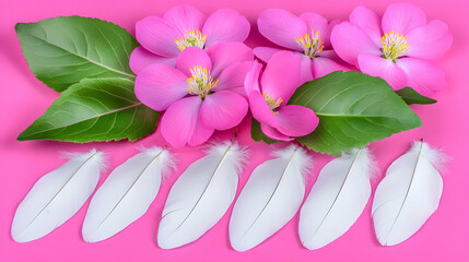 Wall Mural - Pink Flowers White Feathers Illustration