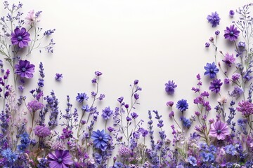 Wall Mural - A dreamy field of purple and blue flowers blossoms against a soft white backdrop, radiating romance and joy for Valentine's Day celebrations.