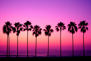 Wall Mural - Pink Sunset Palm Trees Beach Illustration