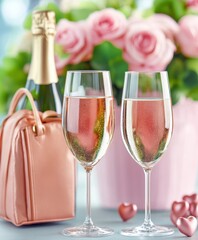 Wall Mural - Celebrate love with exquisite champagne, elegant wine glasses, and a charming pink bag, setting the perfect mood for a romantic Valentine's Day.