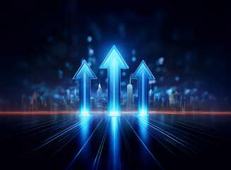 Wall Mural - three glowing blue arrows ascend over a blurred cityscape, symbolizing growth, progress, and technol