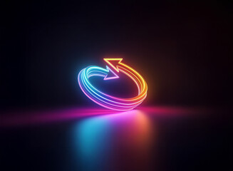 a vibrant, neon circular arrow glows in the dark, its colors blending seamlessly, reflecting on a gl