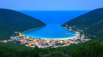 Wall Mural - Coastal Town at Dusk Aerial View