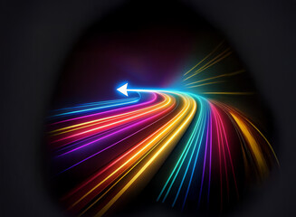 Wall Mural - a vibrant, multicolored light trail curves into the darkness, a glowing arrow pointing the way forwa