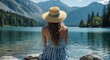 © sevenSkies - Woman in sun hat sitting by a tranquil lake with mountain backdrop