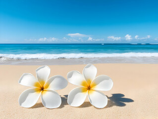 Wall Mural - Beach Vacation: Tropical Flowers on Sand