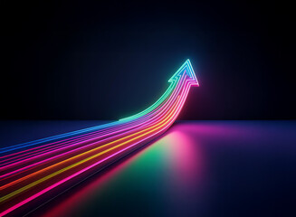 vibrant, multicolored neon arrows ascend in a dynamic, upward trajectory against a dark background, 