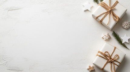 Wall Mural - Beautifully wrapped gifts with twine, stars, and greenery on light background