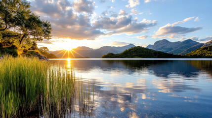 Sticker - serene lake reflecting surrounding mountains at sunset