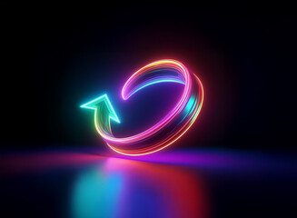 Wall Mural - vibrant neon arrow forming a circular loop, glowing brightly against a dark background. its reflecti