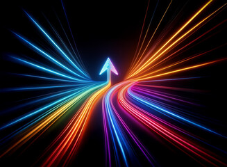 Wall Mural - a vibrant, multicolored arrow streaks upward, propelled by glowing light trails that curve and radia
