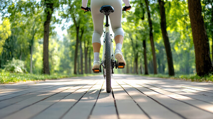 Wall Mural - Cyclist riding mountain bike on wooden path in green park