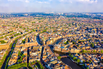 Wall Mural - Amsterdam, Netherlands. Watercolor illustration. Panorama of the city from the air. Summer