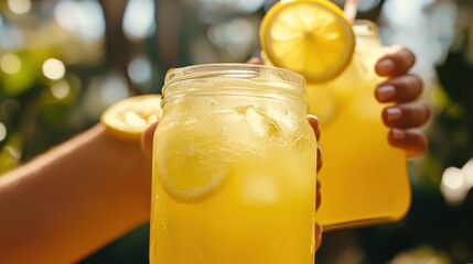 Wall Mural - Refreshing lemonade served in mason jars with lemon slices, outdoors in a sunny garden setting