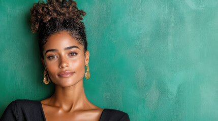 Confident woman with curly hair against rich emerald background