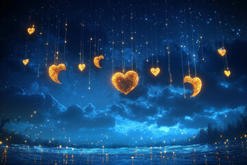 Wall Mural - A Dreamy Night Sky Filled With Clouds Shaped Like Hearts And Crescents For A Romantic Ramadan Background