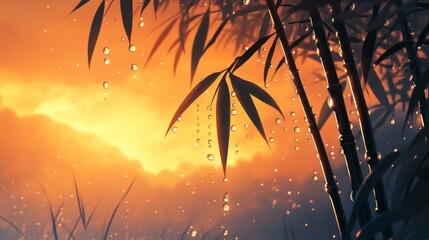 Poster - Rain Drops on Bamboo at Sunset