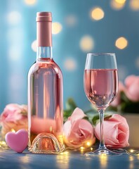 Wall Mural - A romantic setting with a bottle of wine and a glass, ready for a perfect Valentine's evening filled with love and intimate conversations.