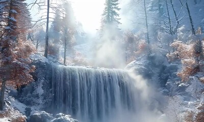 Wall Mural - Frozen Waterfall Cascading into Shimmering Icy Pool in Snowy Winter Wonderland Landscape